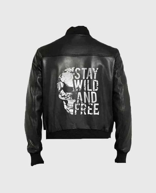 Halloween Special Stay Wild and Free Black Bomber Leather Jacket