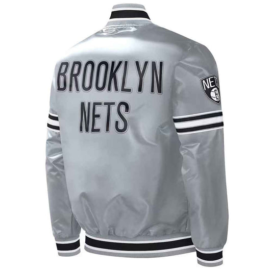 NBA Brooklyn Nets Slider Gray Varsity Satin Jacket