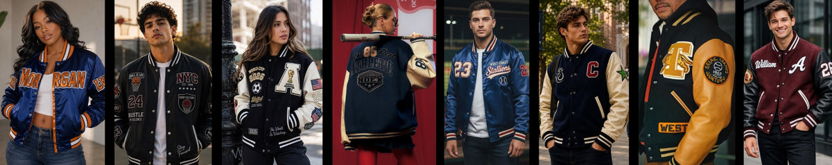 A vertical collage of eight different models wearing various varsity and bomber jackets. The jackets feature colorful lettering, patches, and ribbed trims in blue, black, cream, yellow, and red.