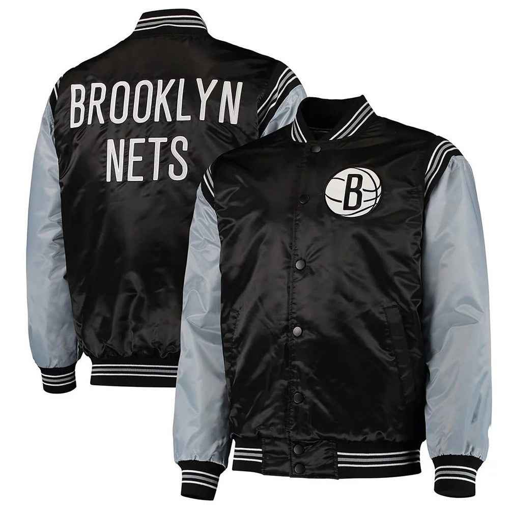 Black and Gray Brooklyn Nets The Enforcer Satin Jacket