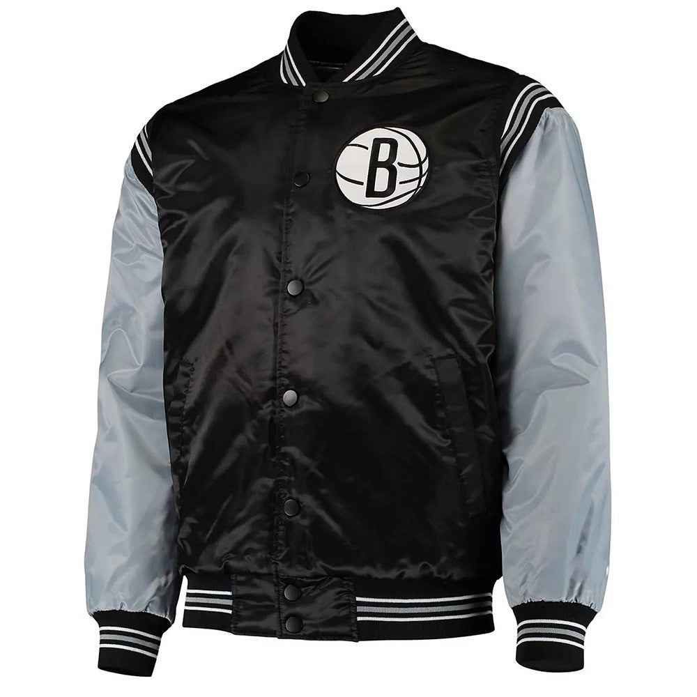 Black and Gray Brooklyn Nets The Enforcer Satin Jacket