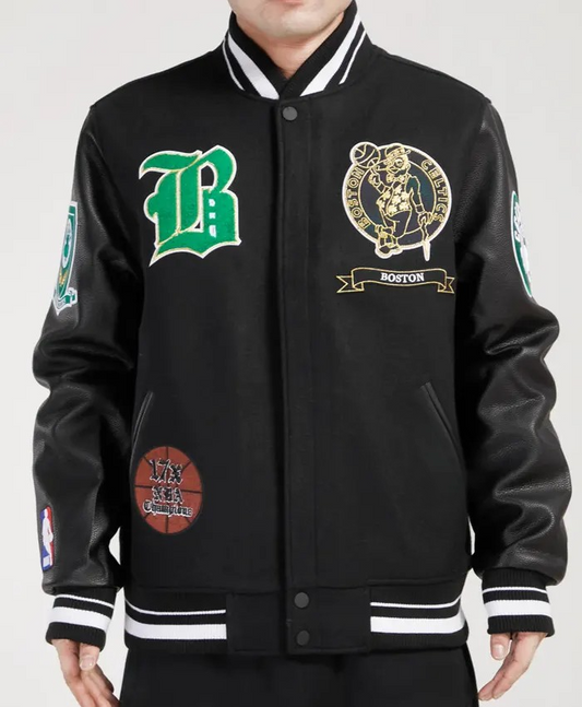Boston Celtics NBA Classic Varsity Jacket - Men's Black Leather Sleeve Bomber