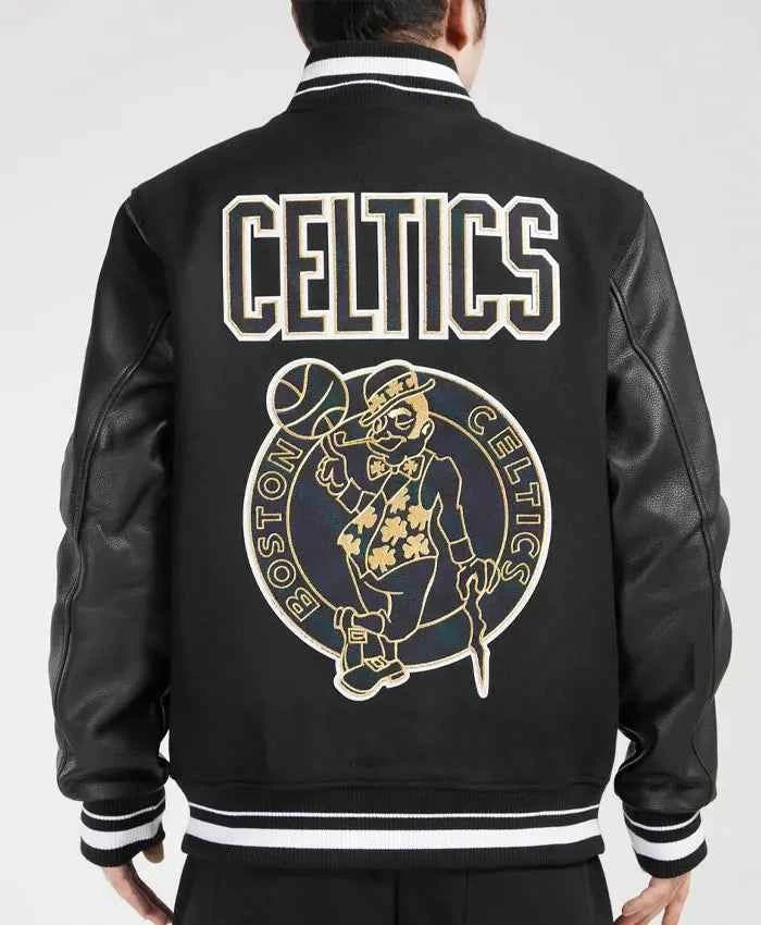 Boston Celtics NBA Classic Varsity Jacket - Men's Black Leather Sleeve Bomber