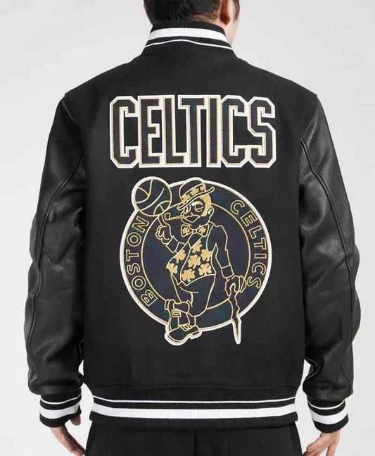 Boston Celtics NBA Classic Varsity Jacket - Men's Black Leather Sleeve Bomber