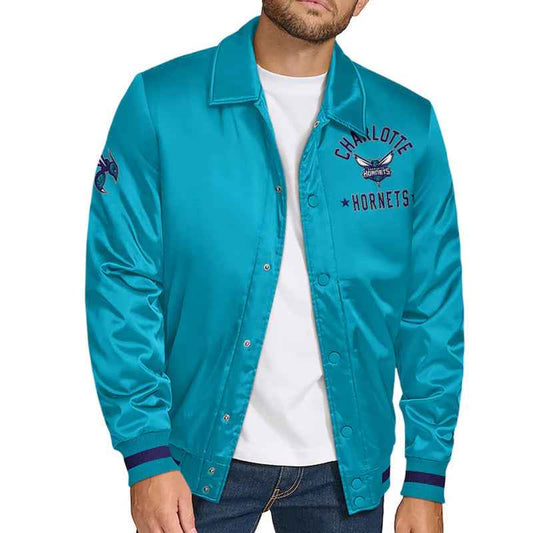 Charlotte Hornets Stitch Applique Teal Satin Jacket