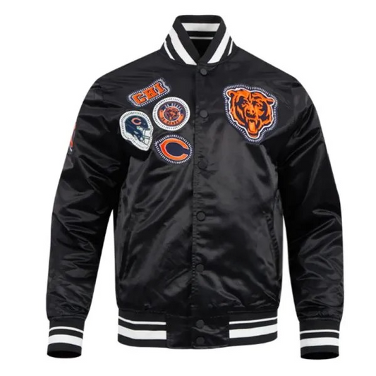 Chicago Bears Black Satin Jacket – Front View
