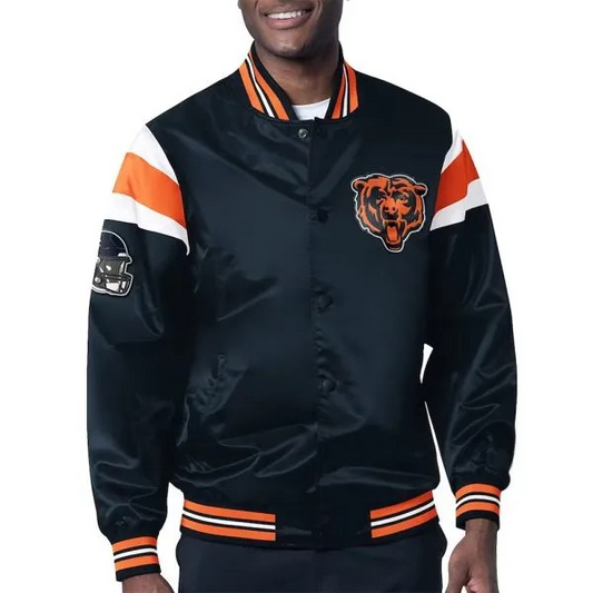 Chicago Bears Navy Blue Satin Jacket – Front View