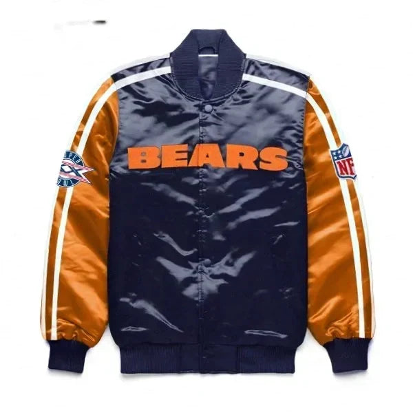 Chicago Bears Navy Blue Satin Jacket – Front View