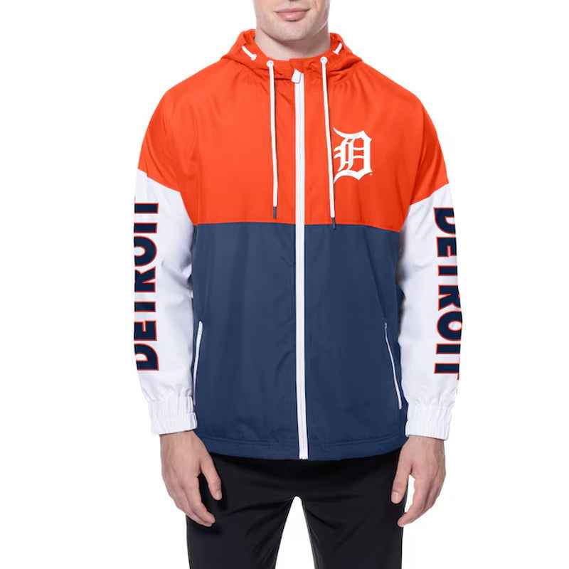 Detroit Tigers Color Block Navy/Orange Hoodie Windbreaker