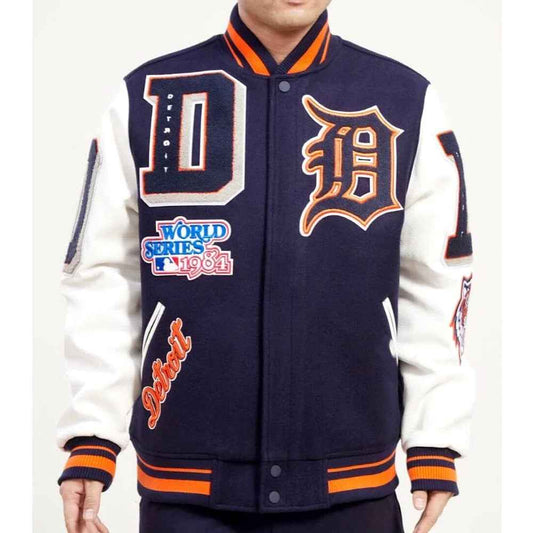 Detroit Tigers Mash Up White and Navy Blue Varsity Jacket