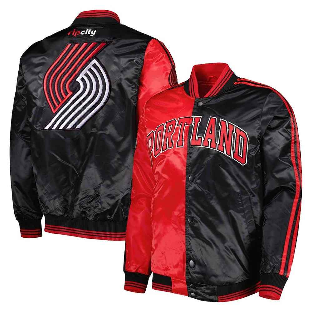 Fast Break Portland Trail Blazers Red and Black Satin Jacket
