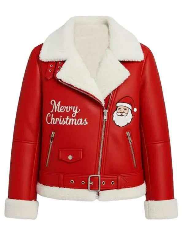 Festive Red Christmas Biker Jacket with Santa & Sherpa Trim