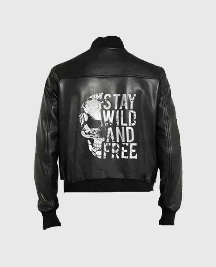 Halloween Special Stay Wild and Free Black Bomber Leather Jacket