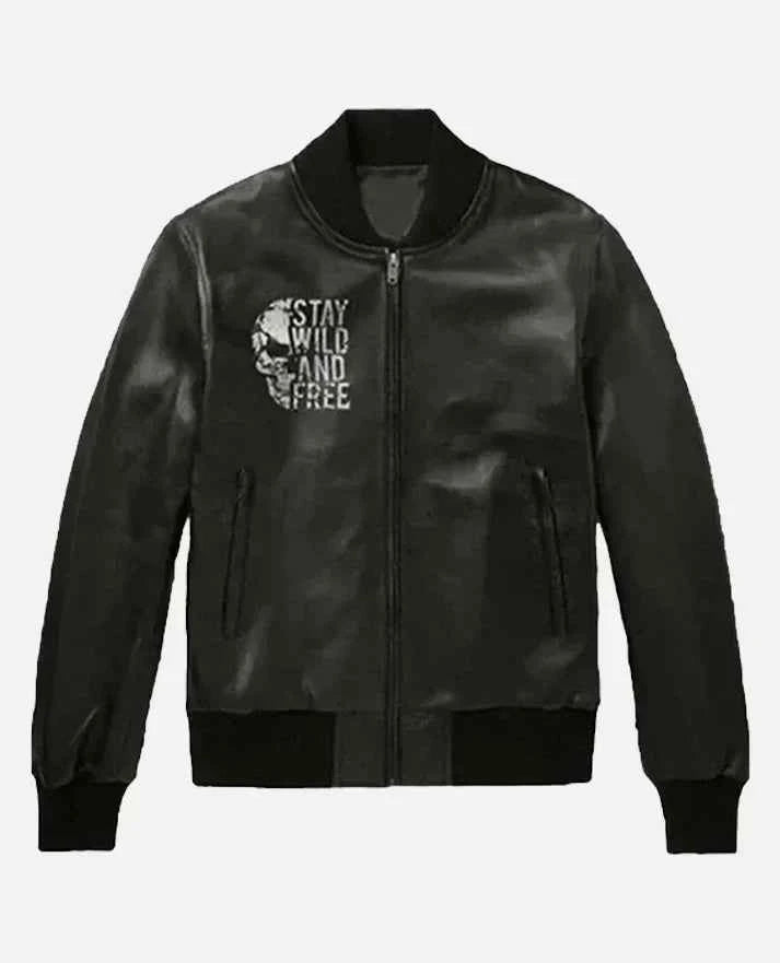 Halloween Special Stay Wild and Free Black Bomber Leather Jacket