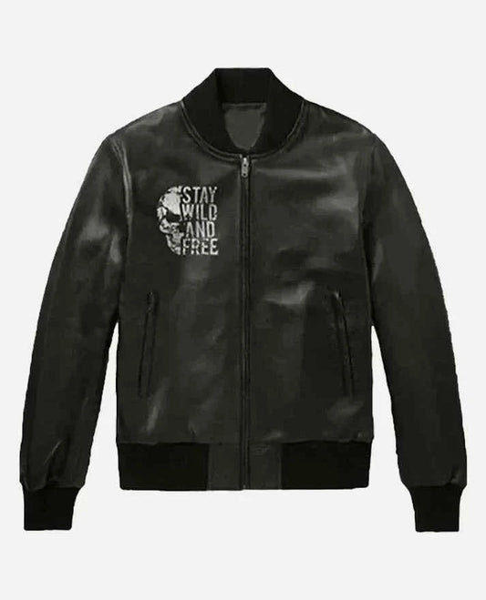 Halloween Special Stay Wild and Free Black Bomber Leather Jacket