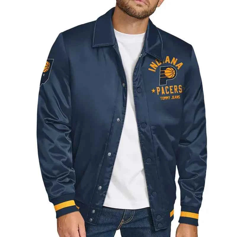 Indiana Pacers Stitch Applique Navy Satin Jacket