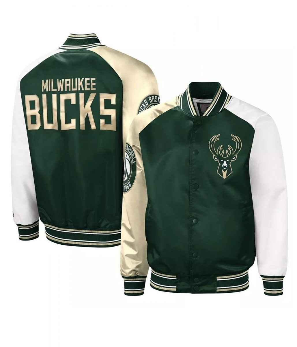 Milwaukee Bucks Hunter Green and Cream Varsity Satin Jacket