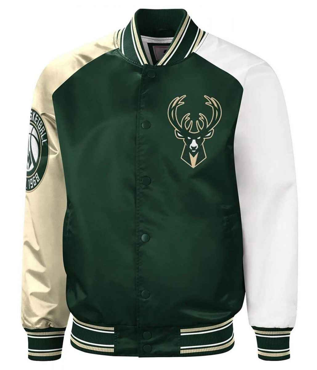 Milwaukee Bucks Hunter Green and Cream Varsity Satin Jacket