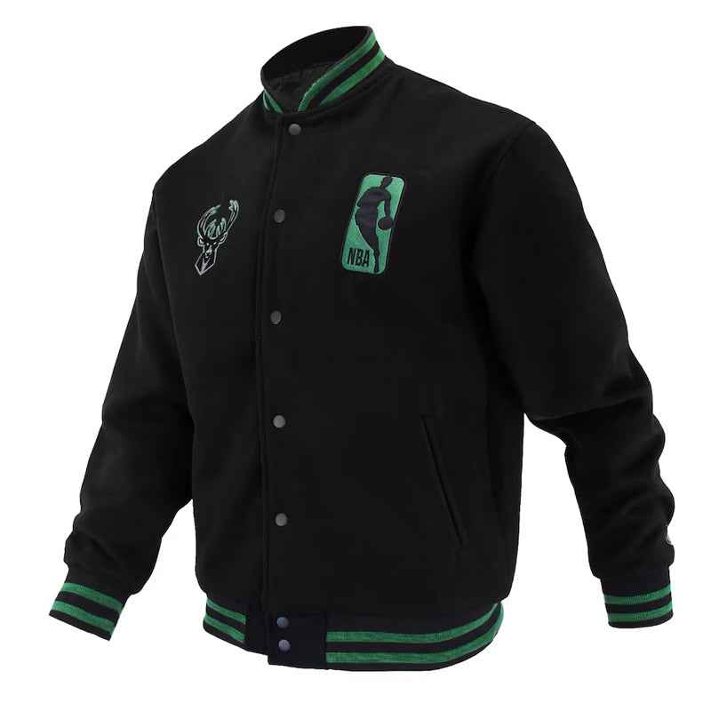 Milwaukee Bucks Logoman Shadow Black Varsity Jacket