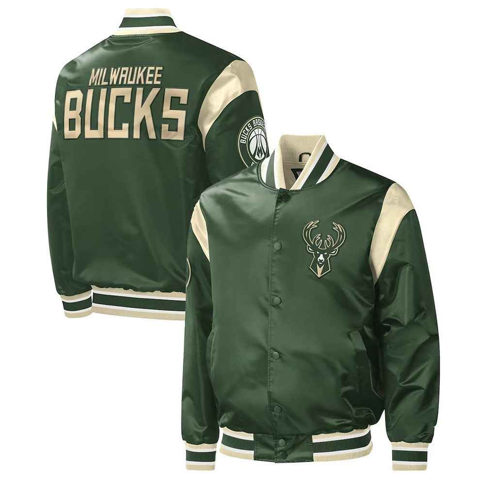 Milwaukee Bucks Play Varsity Hunter Green Satin Jacket