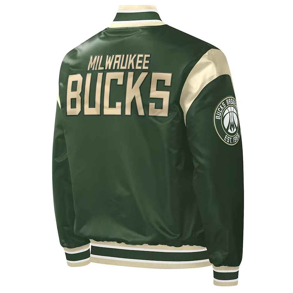 Milwaukee Bucks Play Varsity Hunter Green Satin Jacket