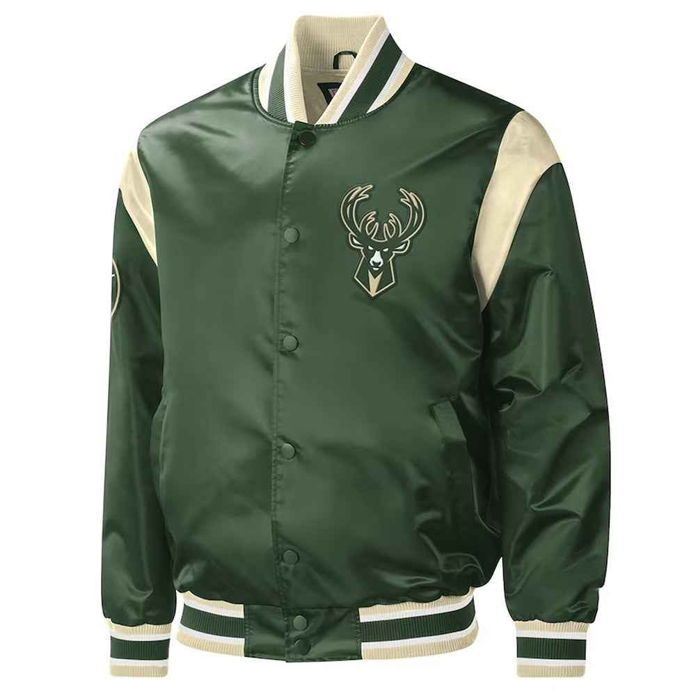 Milwaukee Bucks Play Varsity Hunter Green Satin Jacket
