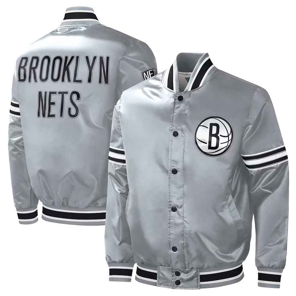 NBA Brooklyn Nets Slider Gray Varsity Satin Jacket