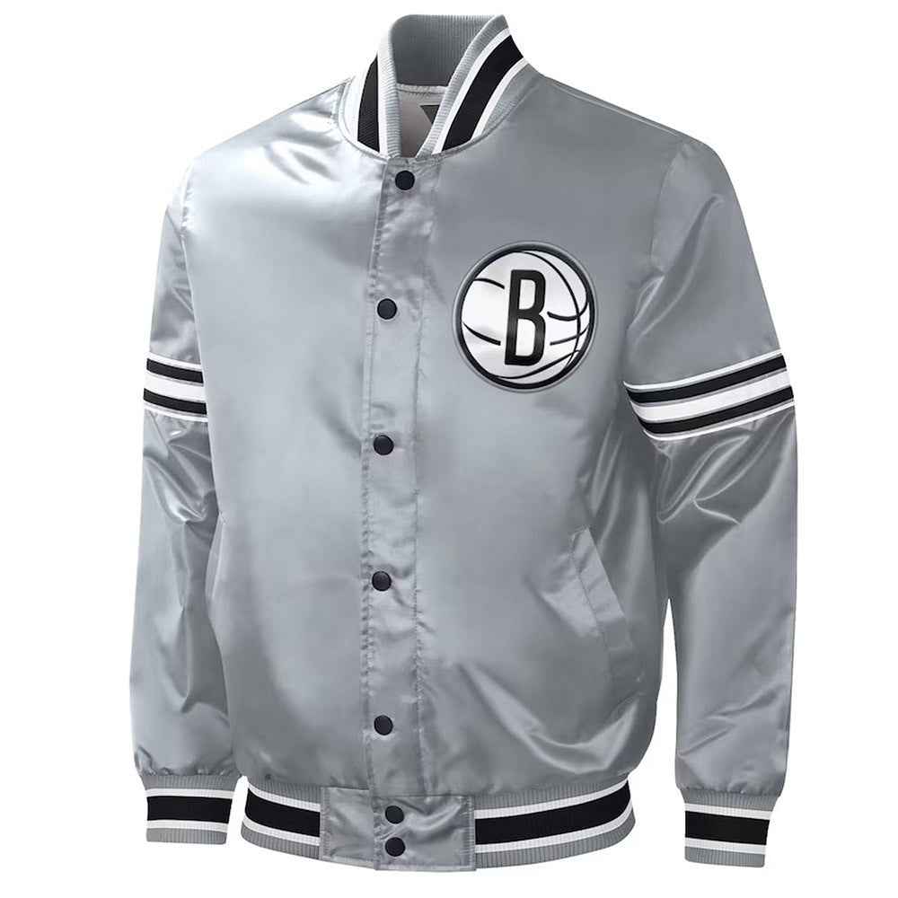 NBA Brooklyn Nets Slider Gray Varsity Satin Jacket