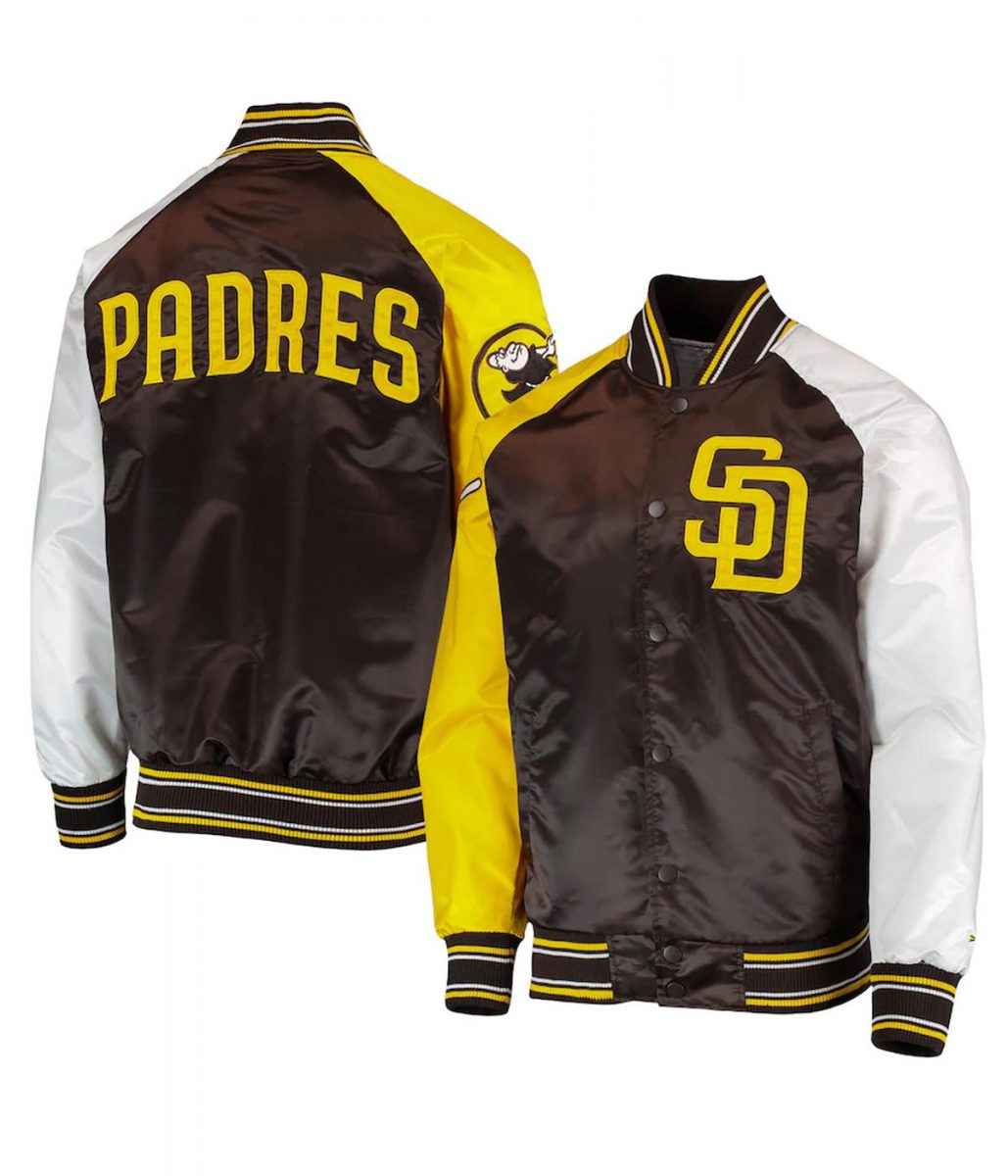 San Diego Padres Raglan Reliever Brown and Gold Satin Varsity Jacket