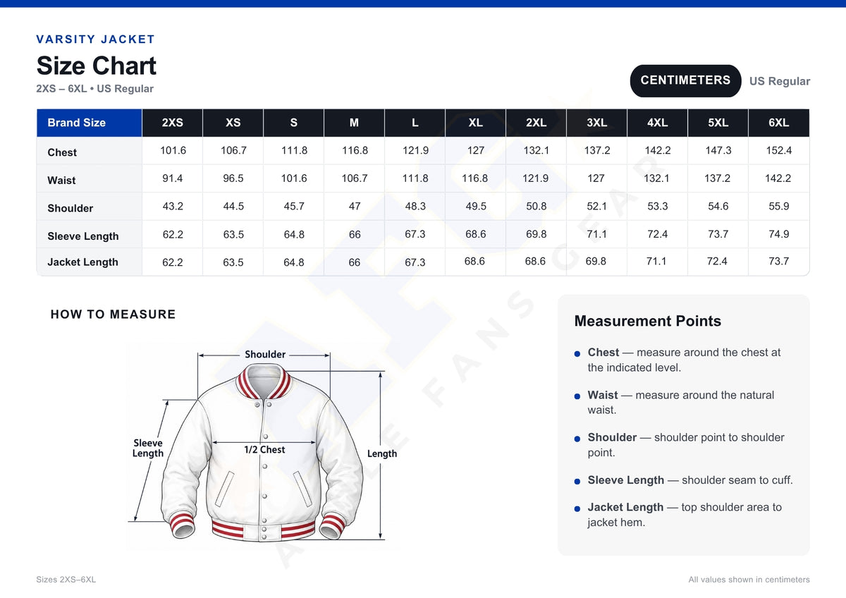 A size chart and measurement guide for a varsity jacket, showing a size table from XS to 6XL with chest, waist, sleeve length, and jacket length in centimeters and US regular equivalents, plus a labeled measurement diagram and checklist.
