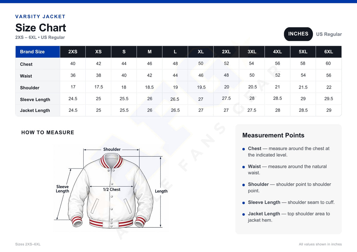 A size chart and measurement guide for a varsity jacket, showing a size table from XS to 60L with chest, waist, shoulder, sleeve length, and jacket length measurements, plus a labeled diagram of how to measure on a white jacket.