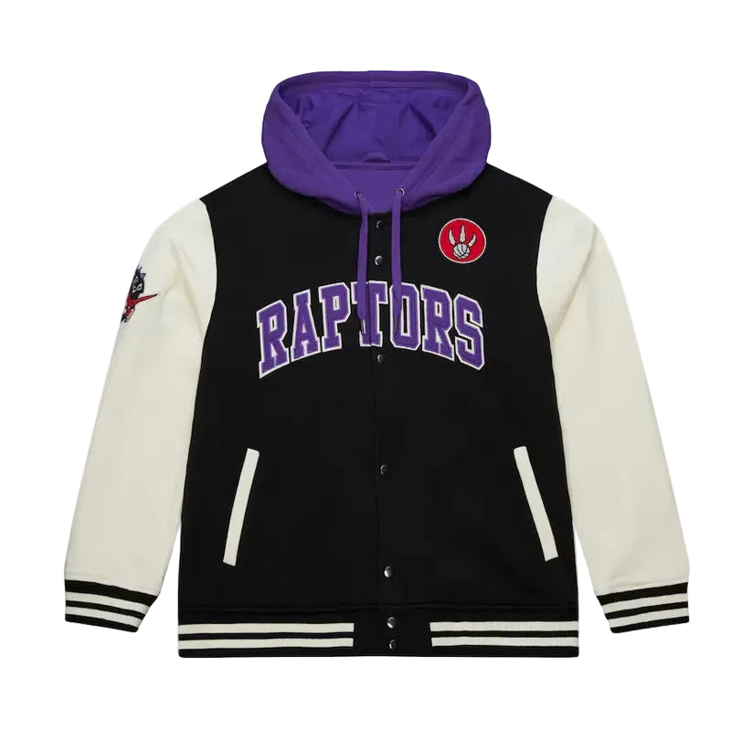 Black and white Toronto Raptors Courtside Varsity Fleece Jacket with purple hood and 'Raptors' Front View