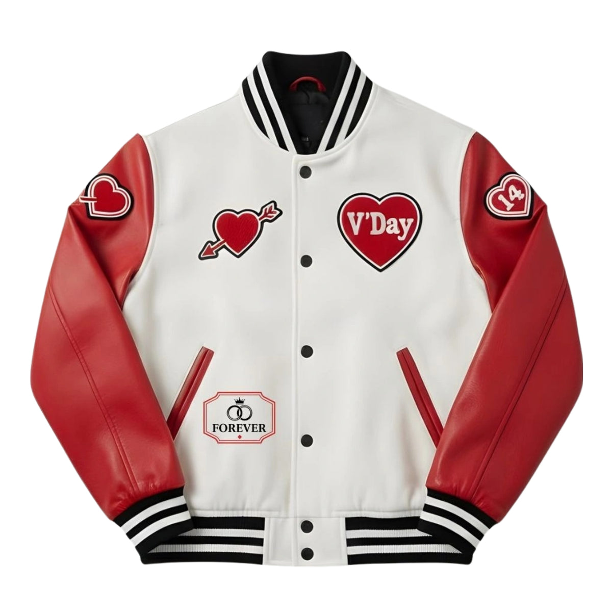 A white and red varsity-style jacket with black and white striped ribbed collar, cuffs, and hem. The jacket features red leather-look sleeves, red heart patches on the chest, and a 'FOREVER' patch on the lower left pocket area.