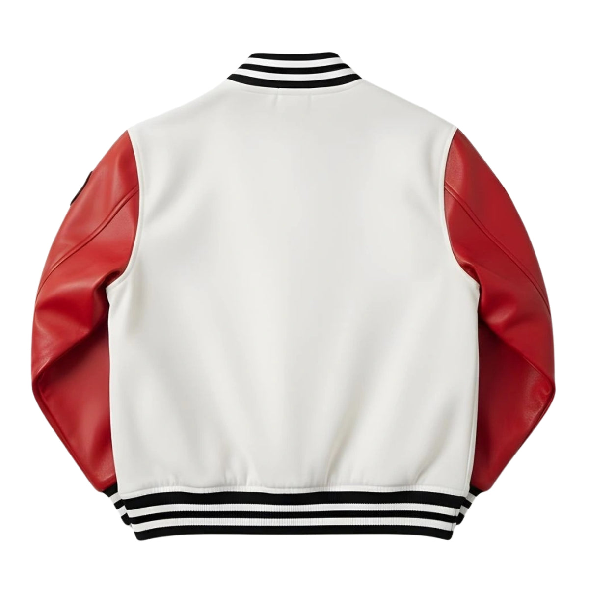 Back view of a varsity-style jacket with a white body, red leather-look sleeves, and black and white striped ribbed collar, cuffs, and hem.