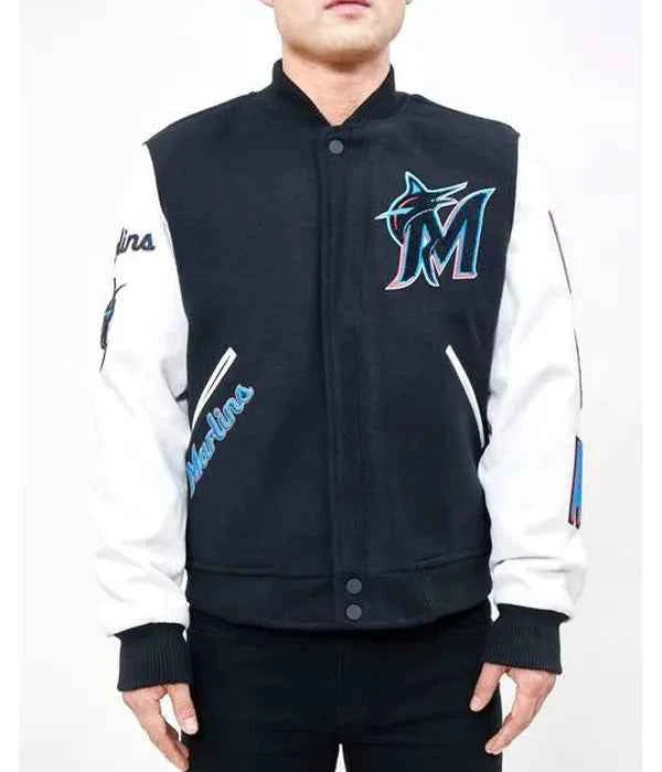 Varsity Miami Marlins Navy Blue and White Jacket