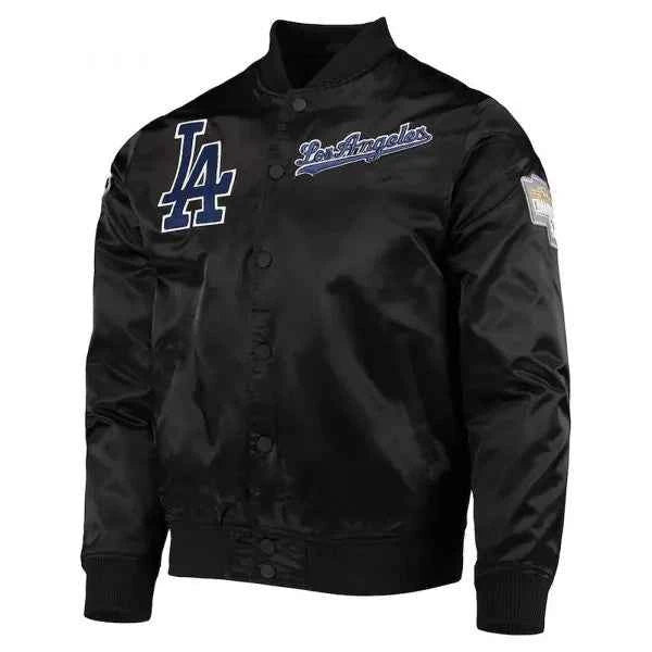 Wordmark LA Dodgers Bomber Black Satin Jacket