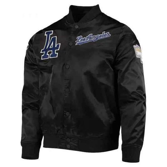 Wordmark LA Dodgers Bomber Black Satin Jacket